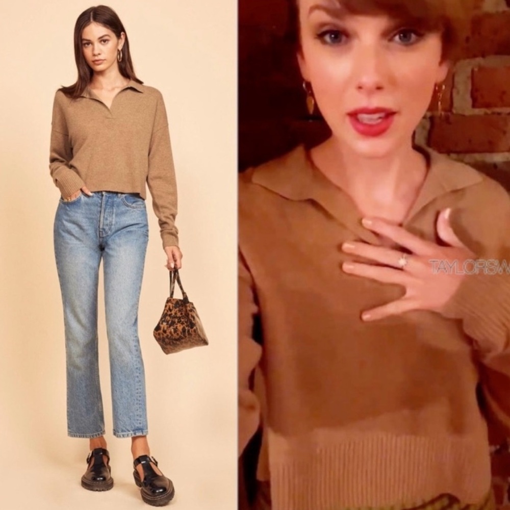 Reformation 100% Cashmere Polo Sweater Camel Brown Size Small